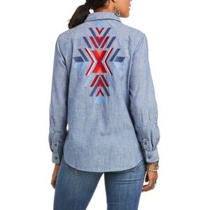 Ariat Billie Jean Chambray Southwestern Aztec Embroidered Shirt Small $60